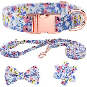 Dog Collar and Leash Set Girls Adjustable Puppy Collars with Floral Bow Tie for Small Medium Large Female Dogs, Blue Flower, XS