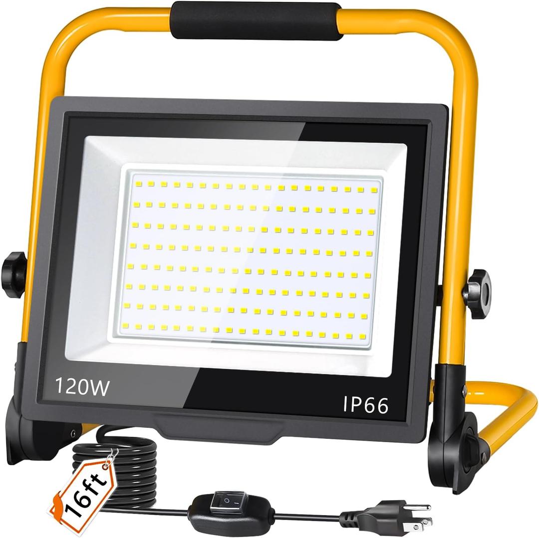 14400LM LED Work Light, 120W Flood Light with 16FT Cord & Switch, Portable Worklight with Stand, 5000K IP66 Waterproof Construction Lighting for Job Site Repairing Workshop Garage