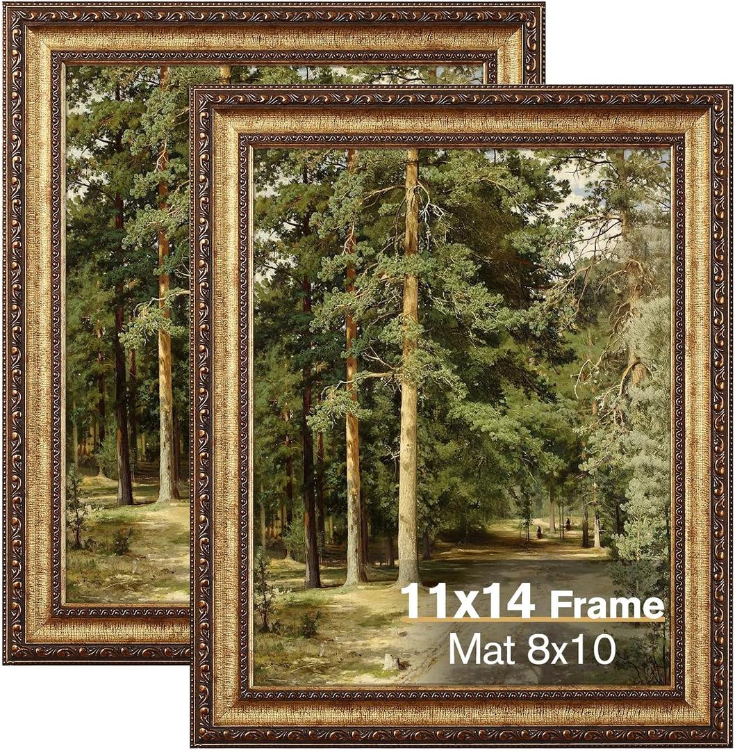 Splinterix 11x14 Gold Picture Frame, 2 Pack Ornate Vintage Picture Frames for Wall or Tabletop Display, 11 x 14 Photo Frame Gold with Real Glass, Display Poster 8x10 with Mat or 11x14 without Mat for Antique Dco