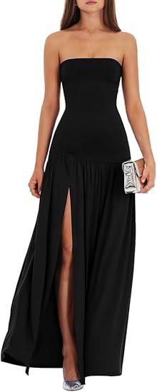 LAGSHIAN Women's Summer Strapless Flowy Maxi Dress Tube Bodycon Split A Line Long Party Dresses Black, XL