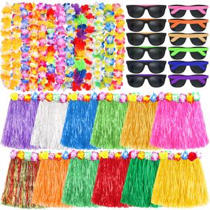 Aodaer 36 Pieces Hawaiian Party Decorations Set Include Luau Grass Skirts Leis Necklace and Neon Sunglasses Tropical Flower Garlands for Beach Pool Party Supplies