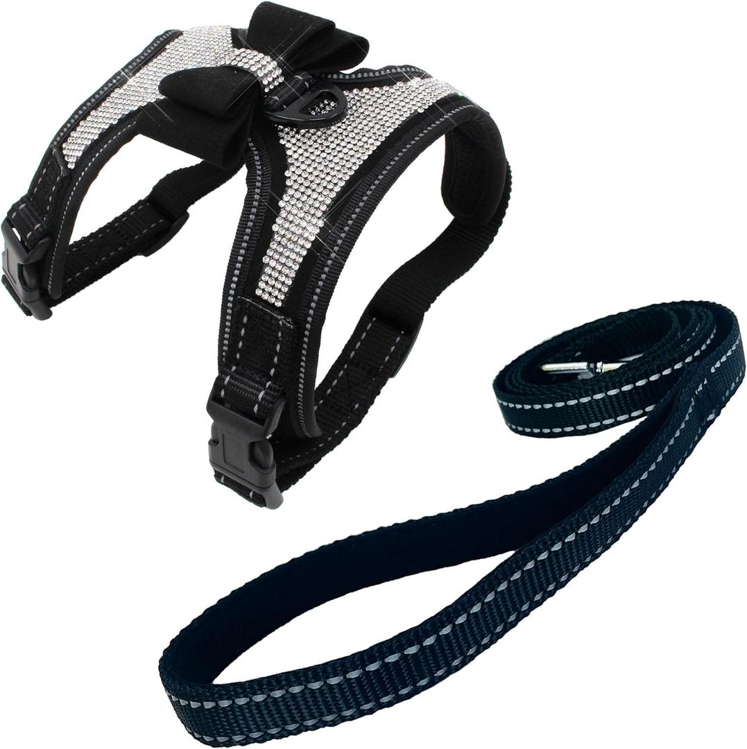 2pcs Bow Ties Bling Cute Dog Harness with Lead for Dog - Black - L