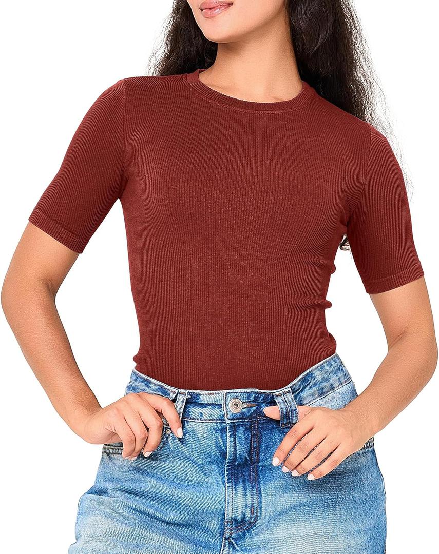 BAMBOO COOL Women's Seamless Tight T-Shirts Slim Fit Basic Ribbed Tees Short Sleeve Crew Neck Top (M)