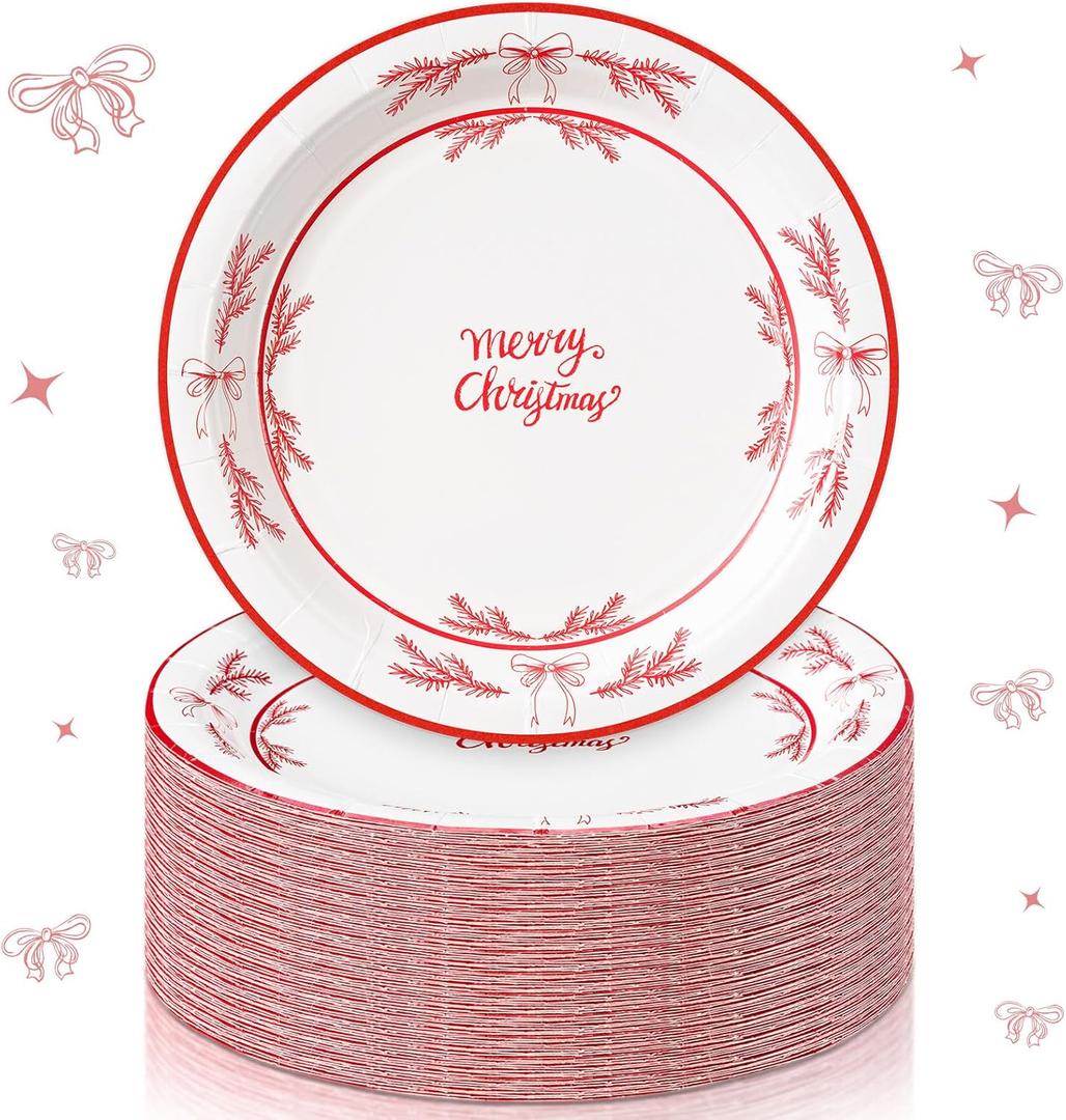 Shellwei 100 Pcs 7 Inch Christmas Paper Plates Bulk Christmas Party Plates Disposable for Xmas Holiday Party Supplies Dishware (Pine Branches)