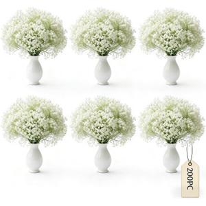 200 Pcs Artificial Baby's Breath Flowers Bulk, Real Touch White Gypsophila Fake Flowers with Bendable Stems for Wedding Bouquets, Centerpieces, DIY Crafts, Home Garden Decor