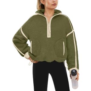 Yanekop Womens Quarter Zip Pullover Sherpa Fleece Jacket Oversized Zip Up Sweatshirt Half Zip Pullover Fuzzy Outerwear (Small, Army Green)