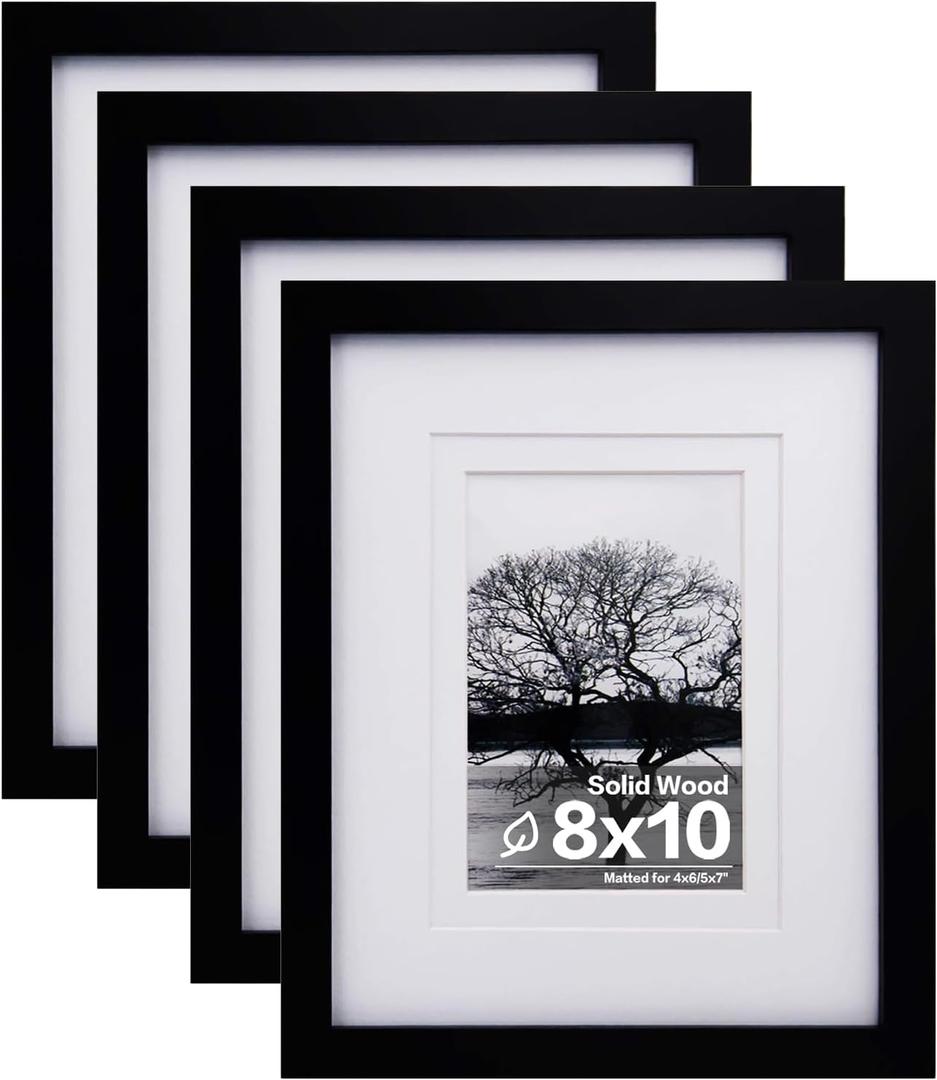 Egofine 8x10 Picture Frames Set of 4, Made of Solid Wood Covered by Plexiglass 4x6 and 5x7 with Mat or 8x10 without Mat, for Table Top Display and Wall Mounting Photo Frame, Black