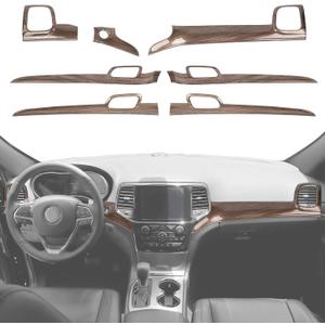 Center Console Dashboard Panel Trim Kit & Interior Door Handle Cover Kits Compatible with Jeep Grand Cherokee 2011-2020, Wood Grain