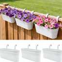 SYITCUN Metal Railing Planter Boxes 16 Inch, 3-Pack Adjustable Hanging Flower Pots for Balcony, Deck, Porch & Fence, Detachable Hook Design, White Heavy Duty Planters for Outdoor