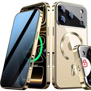 [Full Camera Protection& Mechanical Lock]Magnetic Privacy Case for iPhone 17 Pro Max[Compatible with MagSafe] [CD Metal Ring]Full Body Shockproof Metal Bumper, 9H Anti Peeping Glass Cover-Gold
