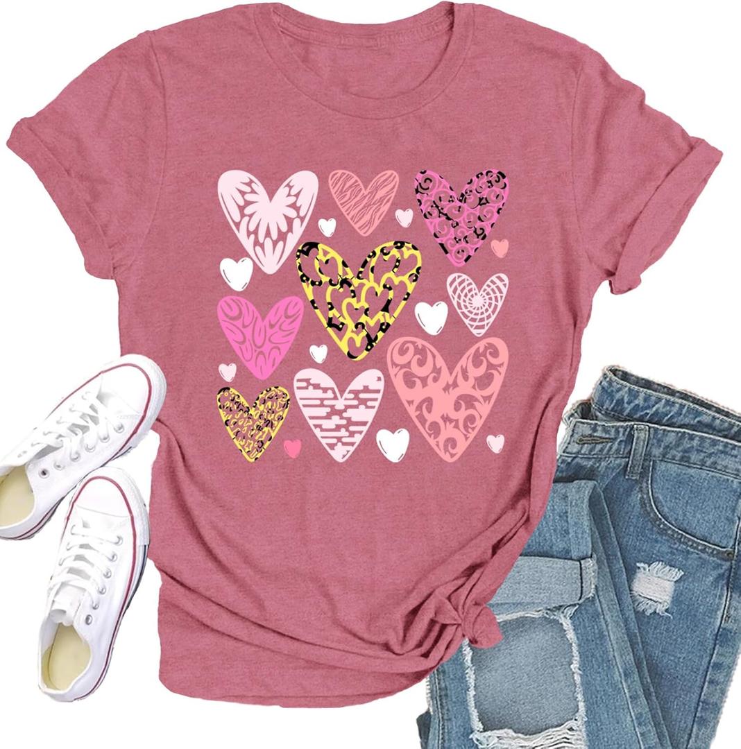 Valentines Shirts for Women Love Hearts T-Shirt Happy Valentine's Day Tee Tops (X-Large, Pink1)