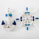 EMINGSKY 2 Pack 13" Nautical Wooden Boat Steering Wheel and Wood Wheel Rudder Anchor with Rope Nautical Boat Ship Wheel Anchor Fishing Net Decorations Wall Decor Door Hanging Home Ornament Fishing Net Shell (Blue and White)