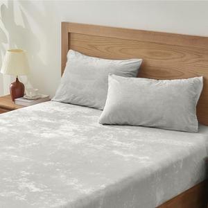 BEDELITE Velvet Fitted Sheet and Pillowcases Set, Luxury Soft Fuzzy Bottom Sheet with Reinforced Elastic Corner Straps, Deep Pocket up to 15 Inch, 1 Fitted Sheet and 2 Pillowcases (Full, Light Grey)
