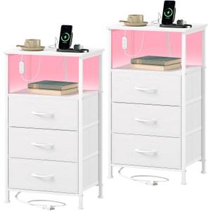 Somdot Nightstands Set of 2,Bedside Tables with Charging Station and LED Lights,Night Stand with 3 Fabric Drawers, End Tables with Open Shelf for Small Spaces Bedroom Entryway Hallway, White Leather, 11.8"D x 15.7"W x 28.3"H