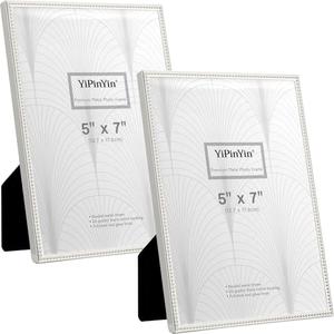 YiPinYin 5x7'' Silver Metal Picture Frames Set of 2,Elegant Beaded Wedding Photo Frames with Real Glass & Velvet Backing for Home Decor,Tabletop or Wall Mount
