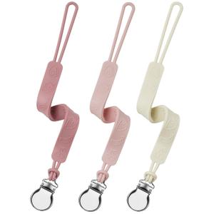 Silicone Pacifier Clip, Seposeve Pack of 3 Baby Pacifier Teether Clip with 4 Texture, Soft Flexible Silicone Pacifier Leashes & Cases for Boy and Girl, Keeps Pacifier Clean, Purple Pink White