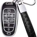 for Hyundai Key Fob Cover 7 Button with Leather Keychain Soft TPU 360 Degree Protection Car Key Case Shell Holder Fits for 2023 2022 2021 2020 Hyundai Sonata Santa fe Tucson, Black (Silver Edge)