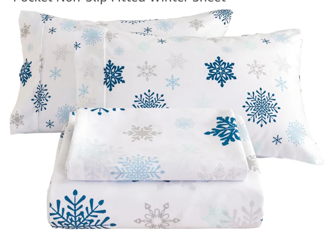 Mooreeke Christmas Holiday Queen Sheets, Snowflake Printed Queen Bed Sheet Set with Deep Pocket Non-Slip Fitted Winter Sheet
