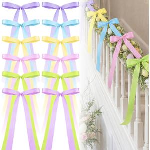 12 Pcs 24 Inch Pastel Ribbon Bows Large DIY Easter Spring Holiday Bow Garland Banner Crafts Decor for Wreath Basket Mantle Tree Topper Home Front Door Outdoor Fence Decor(Pastel Satin)