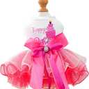 Dog Birthday Dress with Cake Pattern & Bowknot Girl Puppy Clothes for Small Dog Cat Birthday Outfit with Tutu Skirt Party Tulle Pet Apparel (Fuchsia, X-Large)