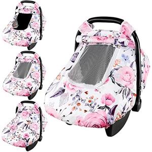 Floral Baby Carseat Cover Girls, Pea Pod Infant Car Seat Covers Canopy for Newborn with 2 Layers Windows of Breathable Mesh/Fabric, Lightweight Polyester/Minky Dot Backing, Snug Fit Most Baby Car Seat