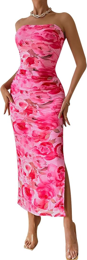 PRETTYGARDEN Women's Summer Wedding Guest Dress Strapless Tube Top Maxi Bodycon Long Floral Mesh Beach Vacation Party Dresses (Large, Print Pink)