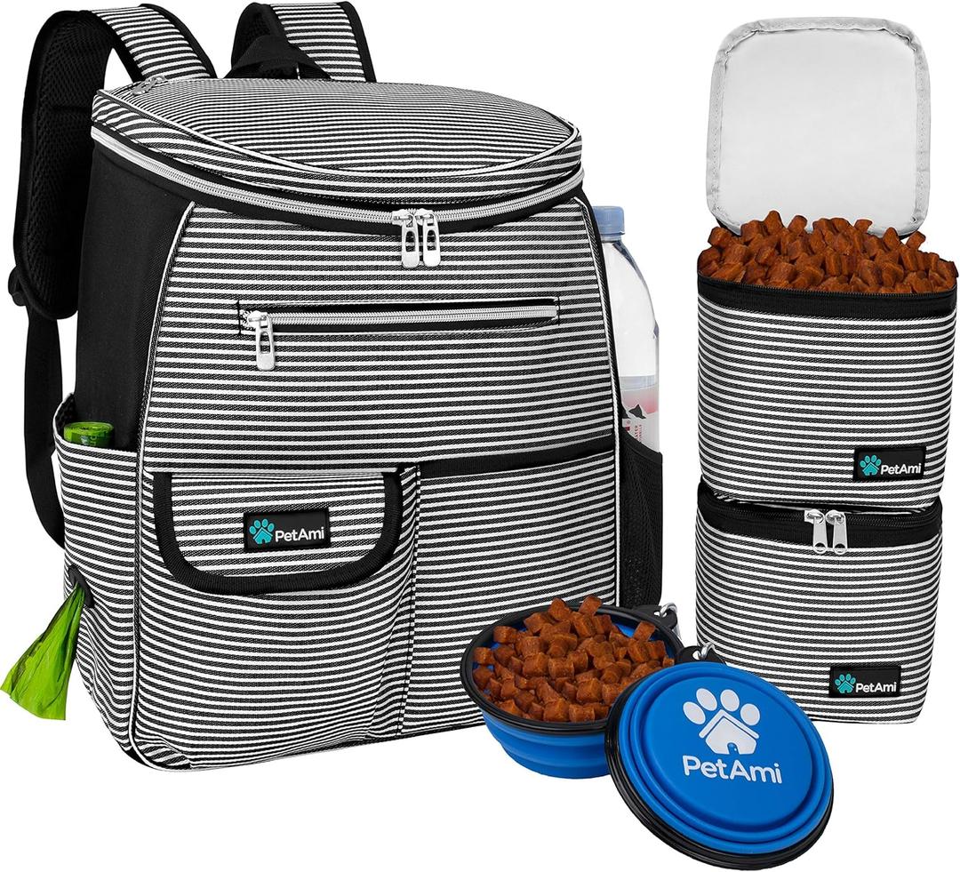 PetAmi Dog Travel Bag Backpack, Airline Approved Dog Bags for Traveling, Puppy Diaper Bag Supplies, Pet Camping Essentials Hiking Accessories Gift, Food Container, Collapsible Bowls, Stripe Black (13 x 8 x 16 inches (L W H))