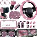 27PCS Bling Car Accessories Set for Women, 14.5-15" Rhinestone Steering Wheel Cover Cup Coaster, USB Charger Phone Holder Headrest Hook, Diamond Auto Interior Decor, Universal Fit (Pink)