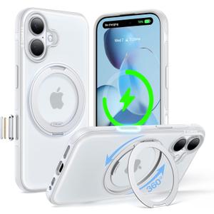 TORRAS O3 Fitness for iPhone 16 Case Magnetic Stand, Fit for MagSafe, 360 Rotatable Stable Stand, Camera Control Button, Military-Grade Shockproof, Slim & Sleek, Glacier White Translucent, Ostand