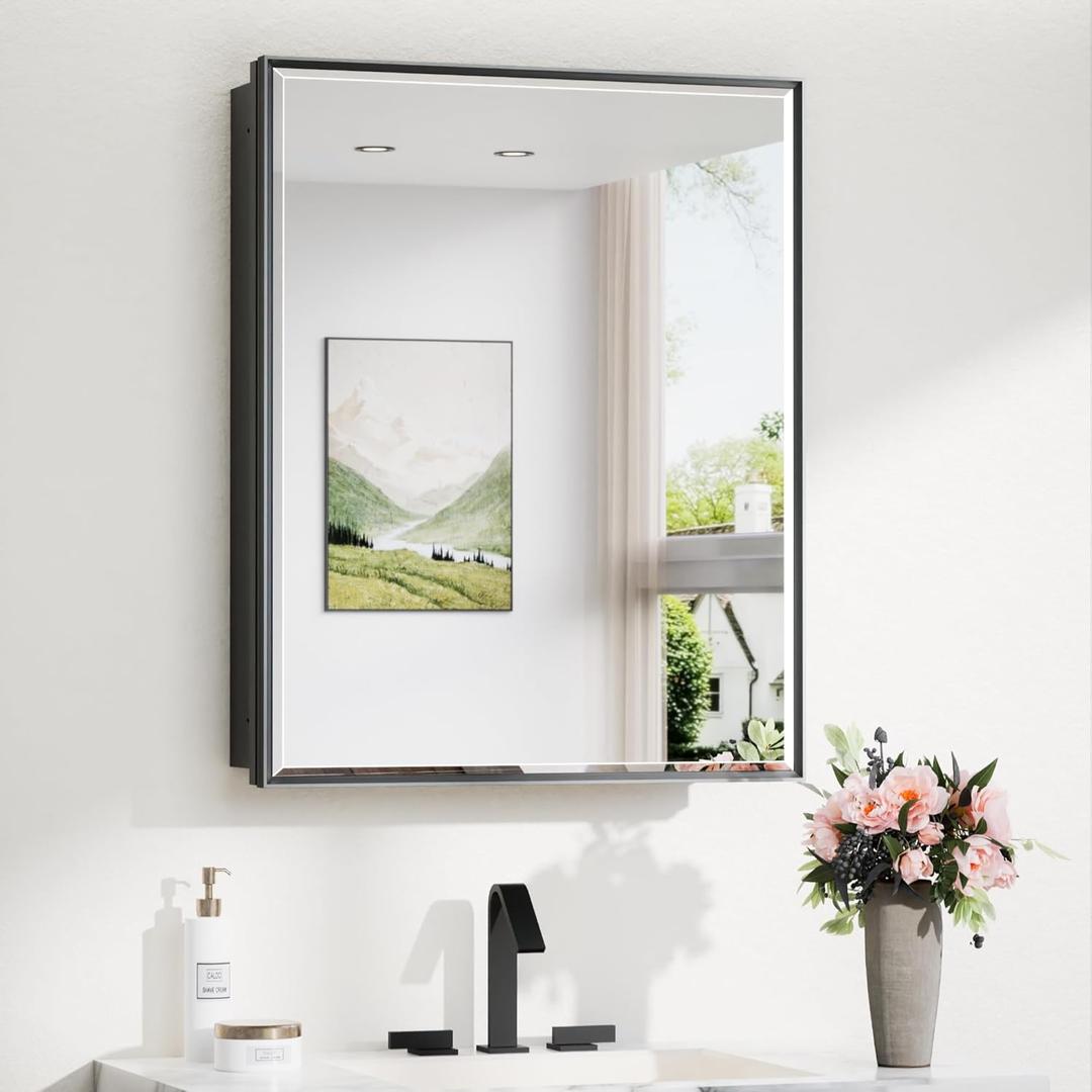 TokeShimi 24x30 Recessed Medicine Cabinet with Mirror Wall Mounted, Metal Beveled Mirror with Storage for Bathroom Vanity, Aluminum Alloy Medicine Cabinet Mirrored Black
