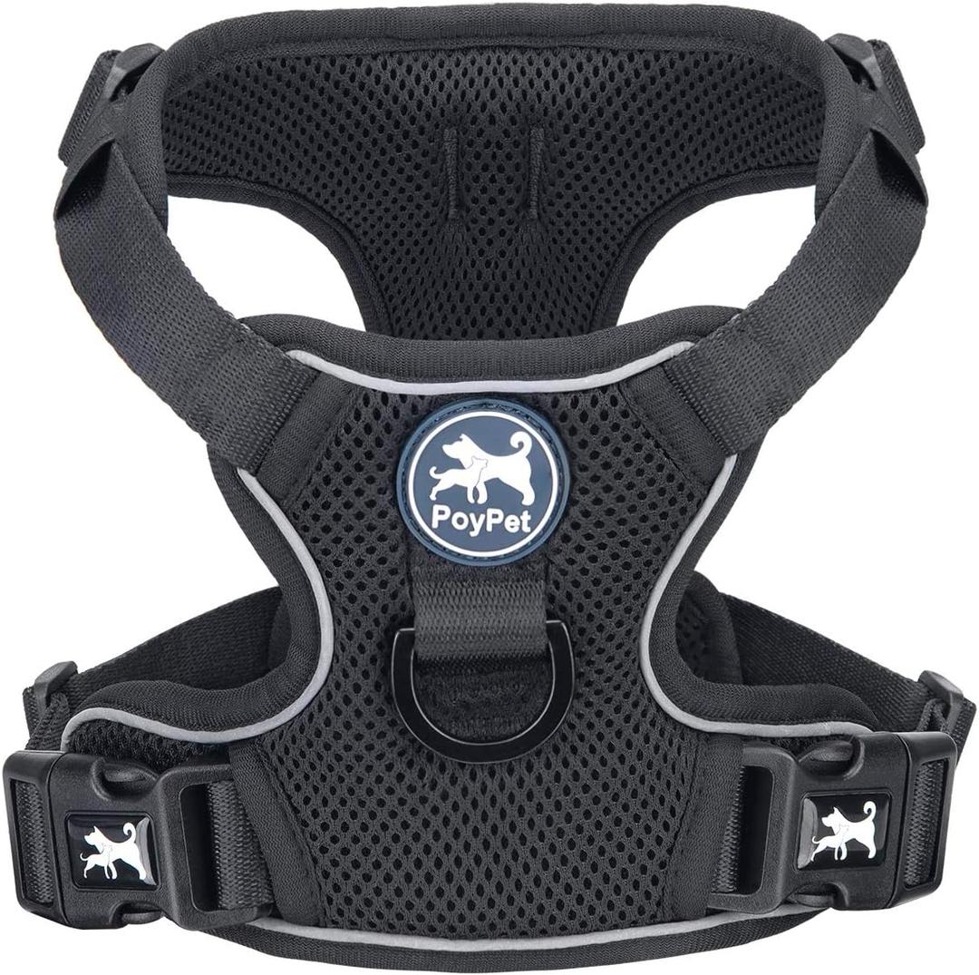 PoyPet Reflective Soft Breathable Mesh Dog Harness Choke-Free Double Padded Vest with Adjustable Neck and Chest(Black,M)