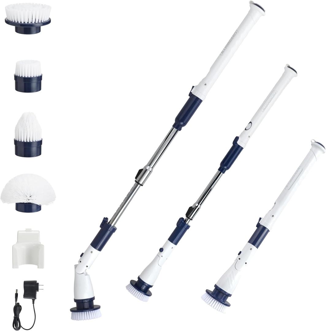 Casabella Power Spin Scrubber, Extendable to 47.5” – Cordless Electric Cleaner for Shower, Kitchen, Bathroom, Tile, Tub, Car, Deck - Rechargeable Spin Brush with Adjustable Brush Head & 4 Attachments