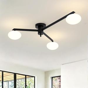Mid Century Sputnik Ceiling Light, 3-Lights Black Off Center Light Fixture