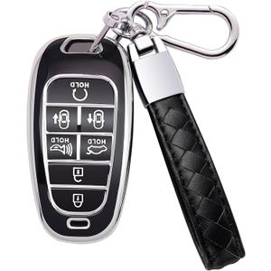 for Hyundai Key Fob Cover 7 Button with Leather Keychain Soft TPU 360 Degree Protection Car Key Case Shell Holder Fits for 2023 2022 2021 2020 Hyundai Sonata Santa fe Tucson, Black (Silver Edge)