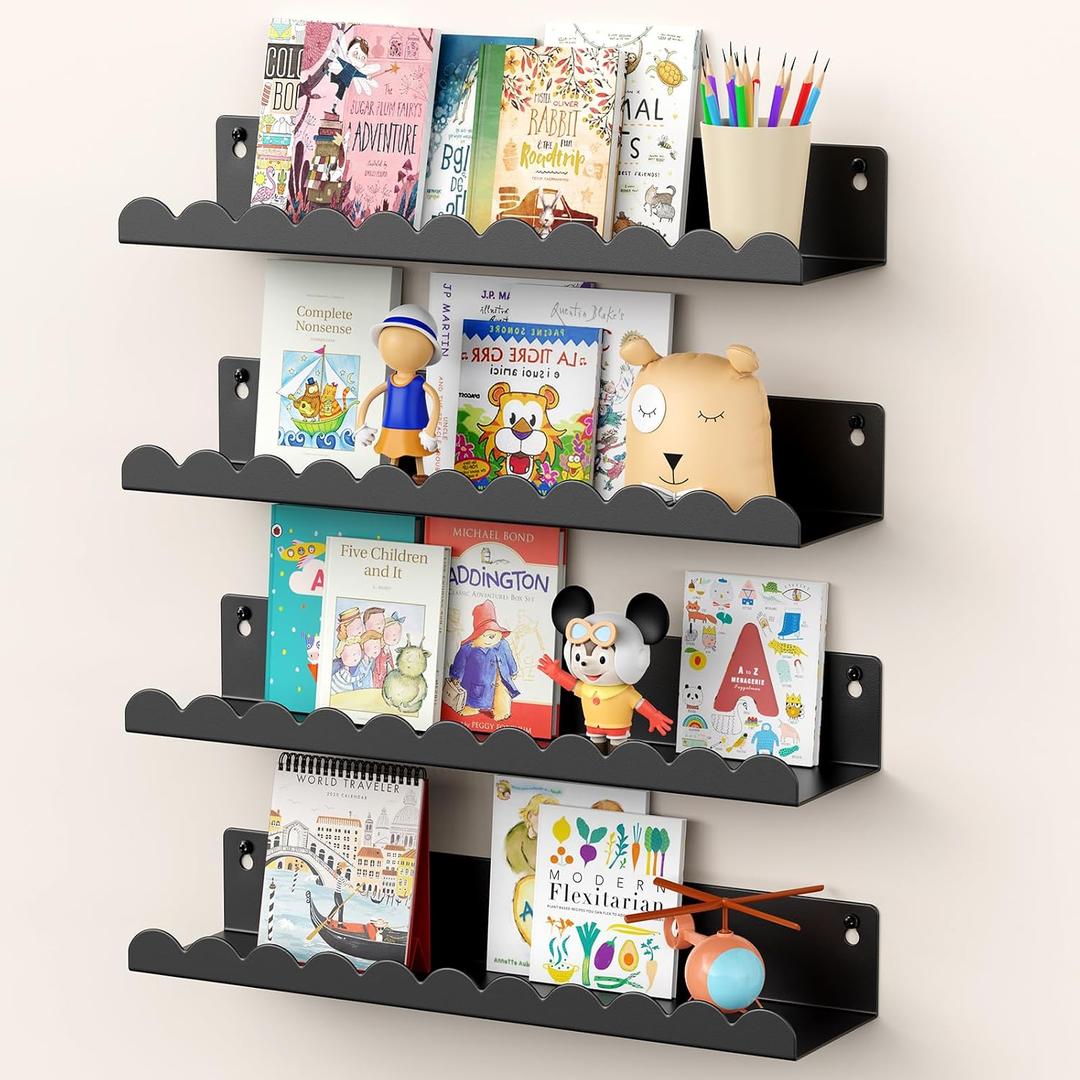 Nursery Book Shelves, 17 Inch Metal Floating Shelves for Wall 4 Pack, Scalloped Shelves, Wall Mounted Book Shelf for Kids Bedroom, Baby Room, Nursery Decor Black