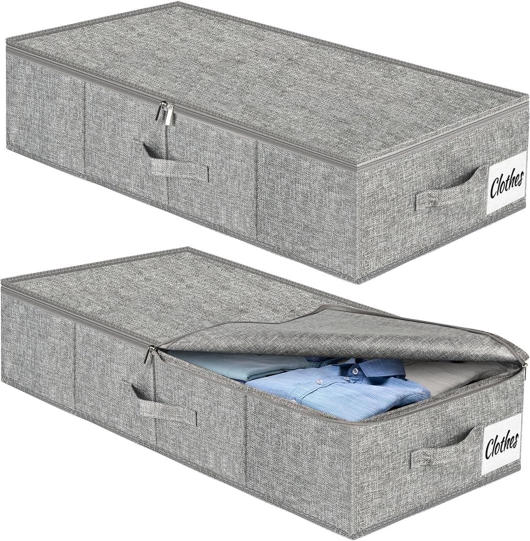 Under Bed Storage Container Bins 2 Pack, Low Profile Foldable Underbed Clothes Storage Organizer W/ Ultra Thick Fabric and Sturdy Bottom/Sides, Dual Zipper Storage Box for Dorm and Home 30x16x6.7"