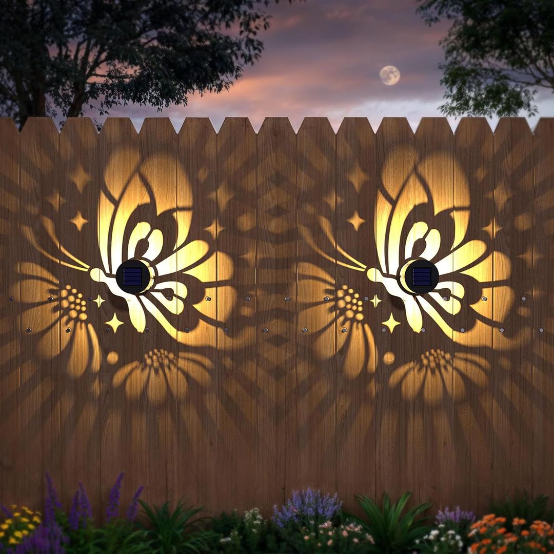 Solar Fence Lights 2 Pack Outdoor Deck Step Wall Lights Metal Waterproof LED Warm Yellow Light for Garden Post Patio Backyard Yard Decor (Butterfly-Flower, 2)