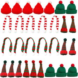 30 Packs Mini Santa Hats for Crafts, Holiday Knit Set with Tiny Santa Hats and Scarves, Christmas Tree Decorations and Doll Accessories, Green Red Striped Mini Snowman hats for Crafts and DIY Projects