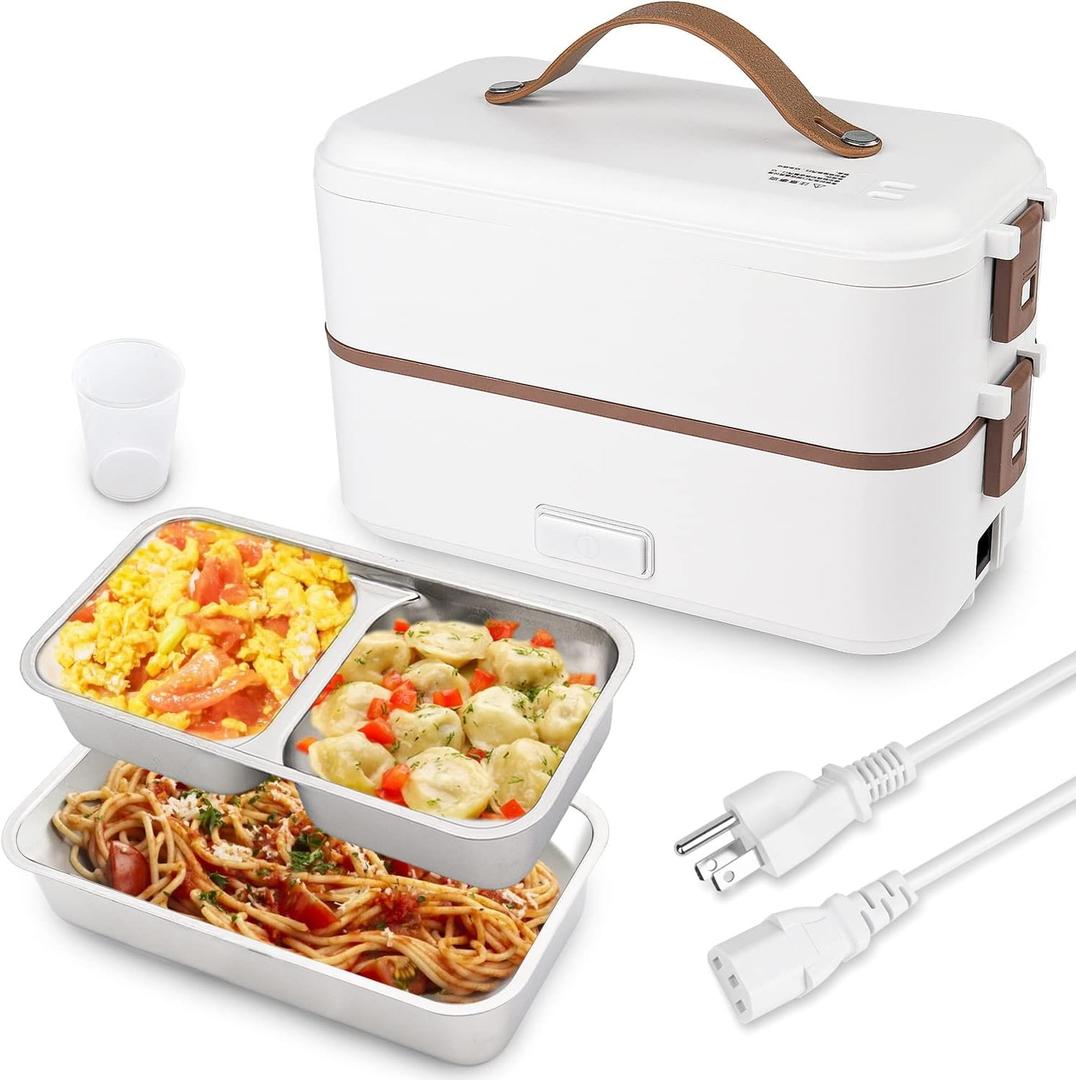 Self Cooking Electric Lunch Box, Portable Food Warmer for On-the-Go, Mini Rice Cooker 2 Layers 800ML Heated Lunch Box for Home Office Cook Food White