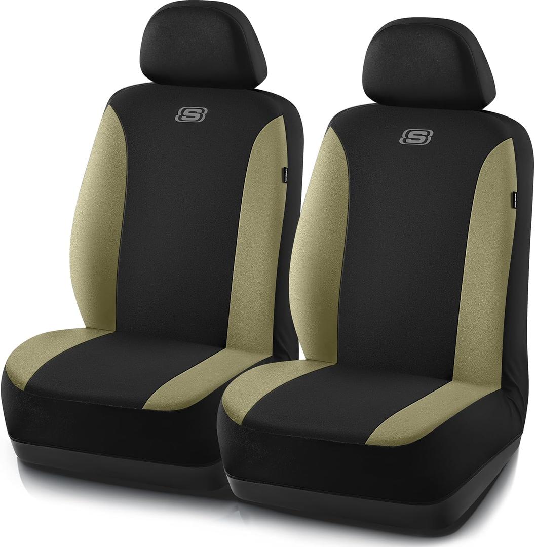 Skechers Seat Covers, Premium Breathable Polyester Seat Covers, Car Seat Covers Front Seats Airbag Compatible, Automotive Comfort for Most Cars, Vans, Trucks, SUVs (Two Front, Beige) (Black and Beige)