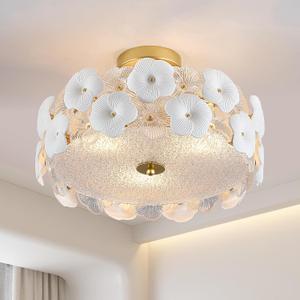 16" Gold Flower Ceiling Light, Glass Semi Flush Mount Ceiling Light, 3-Light Modern Drum Chandelier Ceramic Pendant Lighting for Kitchen, Dining Room, Living Room, Bedroom, Closet, Hallway, Entryway