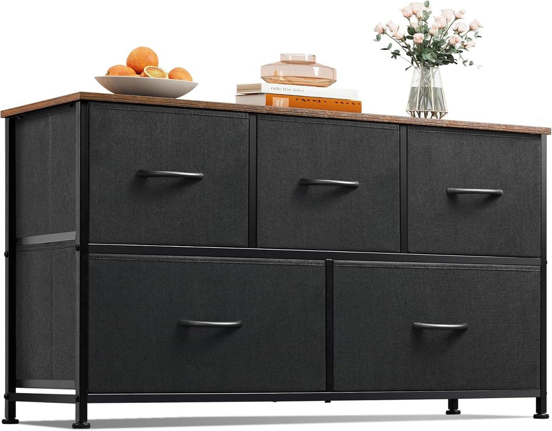 WLIVE Dresser for Bedroom with 5 Drawers, Wide Chest of Drawers, Fabric Dresser, Storage Organizer Unit with Fabric Bins for Closet, Living Room, Hallway, Black and Rustic Brown (11.81"D x 39.37"W x 21.65"H)