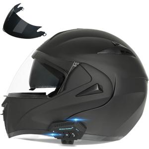 Motorcycle Bluetooth Modular Helmet, DOT Approved Dual Visor Full Face Flip up Bluetooth Integrated Motorcycle Helmets for Adults Men Women (Small, Matte Black)