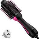 Dual Voltage Hair Dryer Brush with Negative Ion Anti-frizz Styler - Hot Air Volumizer for 110V-120V/220V-240V European and Travel Use (Black/Rose Red)