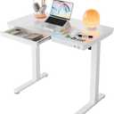 HUANUO Glass Standing Desk with Drawers, 35 x 20 Inch Electric Adjustable Height Desk, Quick Install One-Piece Tabletop with USB Charging Ports, White