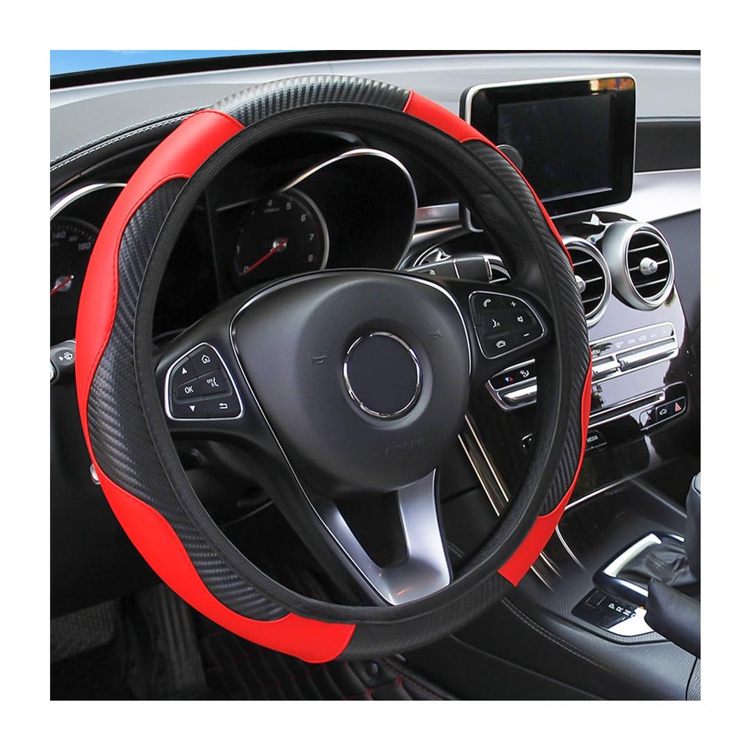 Osilly Car Steering Wheel Cover, 15 inch Carbon Fiber Microfiber PU Leather Elastic Steering Wheel Protector for Men Women, Anti-Slip Breathable Car Interior Accessories for Most Cars (Red)