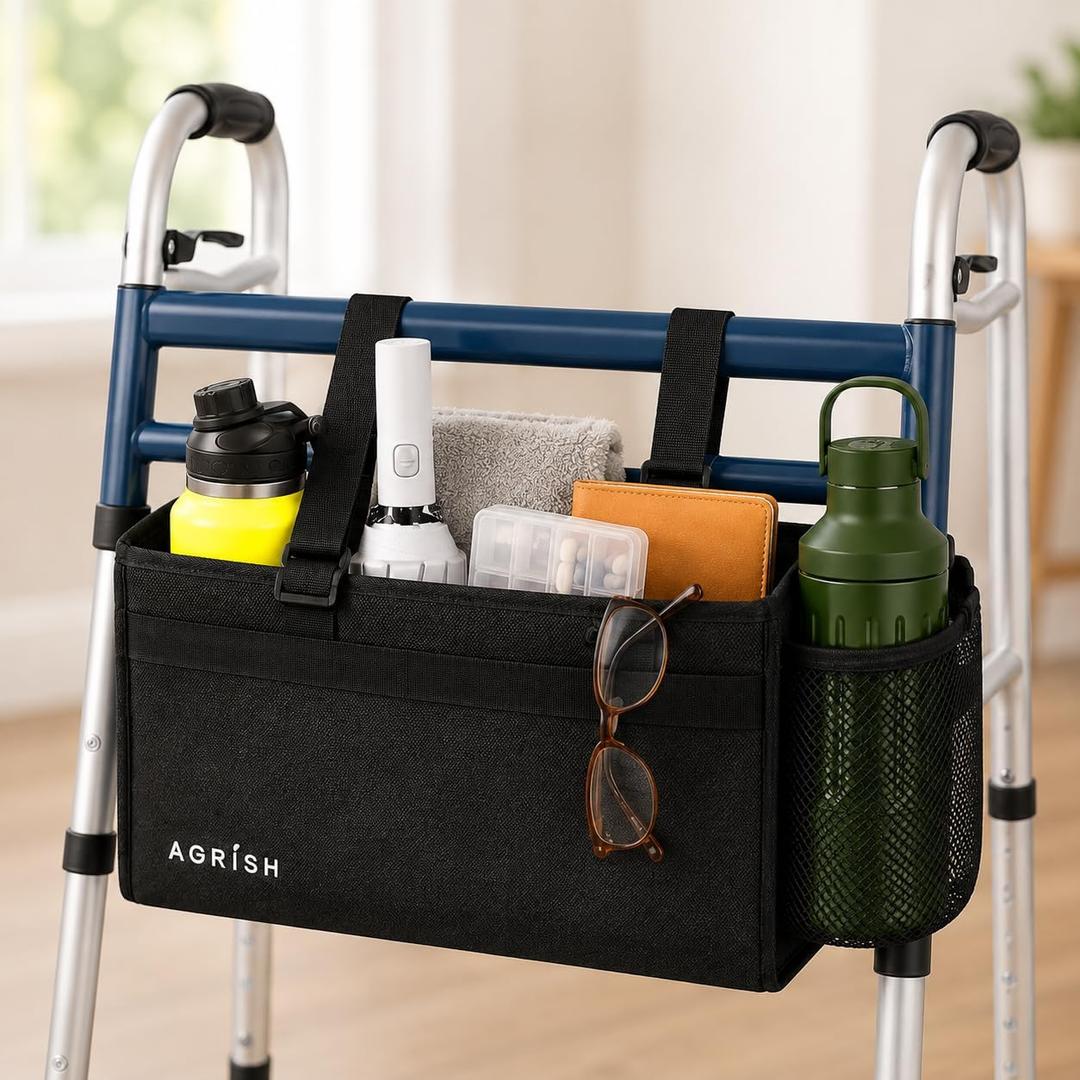 Agrish Walker Bag for Walker, Walker Basket with Cup Holder & Multiple Pockets, Folding Walker Accessories Organizer, Black Oxford Fabric Storage Pouch for Seniors Daily Essentials