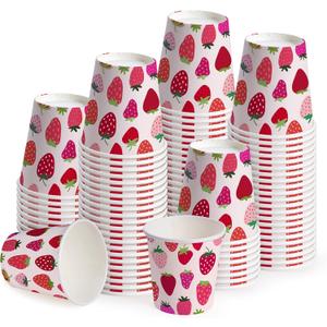 WRAPAHOLIC 3oz Paper Cups - 100 Pack Disposable Bathroom Cups with Strawberry Fruits Design, Small Mouthwash Cup for Toothbrush Rinse, Home Bathroom, Picnic, BBQ, Travel and Party