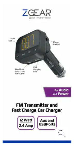 ZGear FM Transmitter & Fast Charging Car Charger, 12 watt, 2.4 Amp