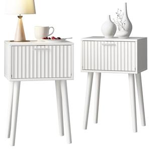 LAATOOREE Nightstands Set of 2, Small Side Table, Bedside Table with Fluted Door, Solid Wood Feet; Modern Mid-Century End Table for Bedroom, Small Space (White)